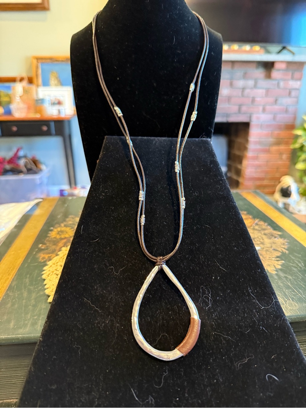 Elan Brown Leather and Silver Teardrop Pendant Necklace